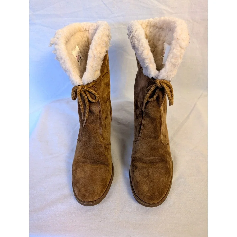 Vintage Made In USA Women's Brown Suede Boots With Faux Shearling Lining 8.5B